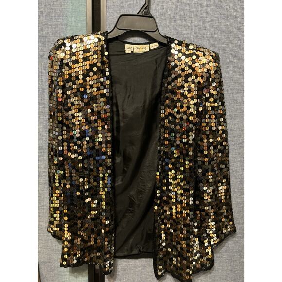 Vintage Oleg Cassini Sequin Jacket Womens S Small Silk Gold Silver Beaded EUC - Picture 2 of 7